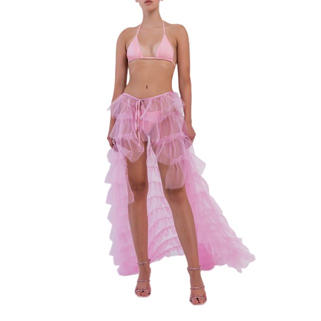 Fortune Women Tulle Skirt Solid Color Mesh Irregular Floor Length Party Skirt