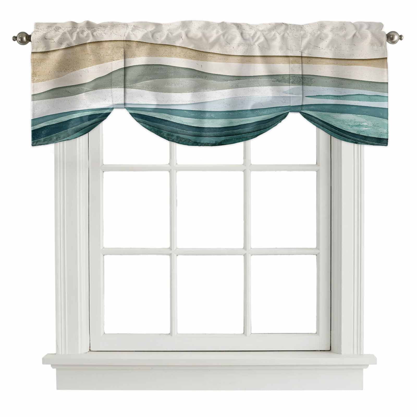 Abstract Wave Effect Tie Up Valances Curtain, Adjustable Kitchen Watercolor Blue Stripes Valances for Windows Decor, Rod Pocket Short Curtains Set for Bedroom/Bathroom, 54"x18"