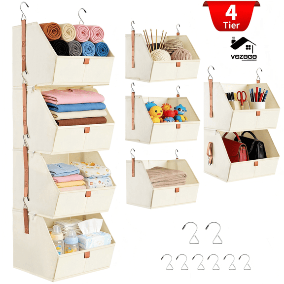 VOZOGO  4 Tier Hanging Closet Organizer Clothes Hanging Shelves, Space-Saving Closet System, Fabric Storage Bins Bedroom Organization, Collapsible Baskets for Home, Dorm, Rv, Beige