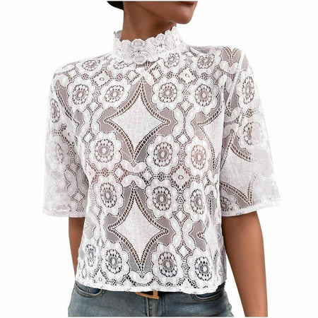 

White Blouse for Women Women s Casual White Lace Mid Sleeves Sexy Lace Tops Shirt Blouse Short Sleeve Blouses for Women Dressy Casual White XL