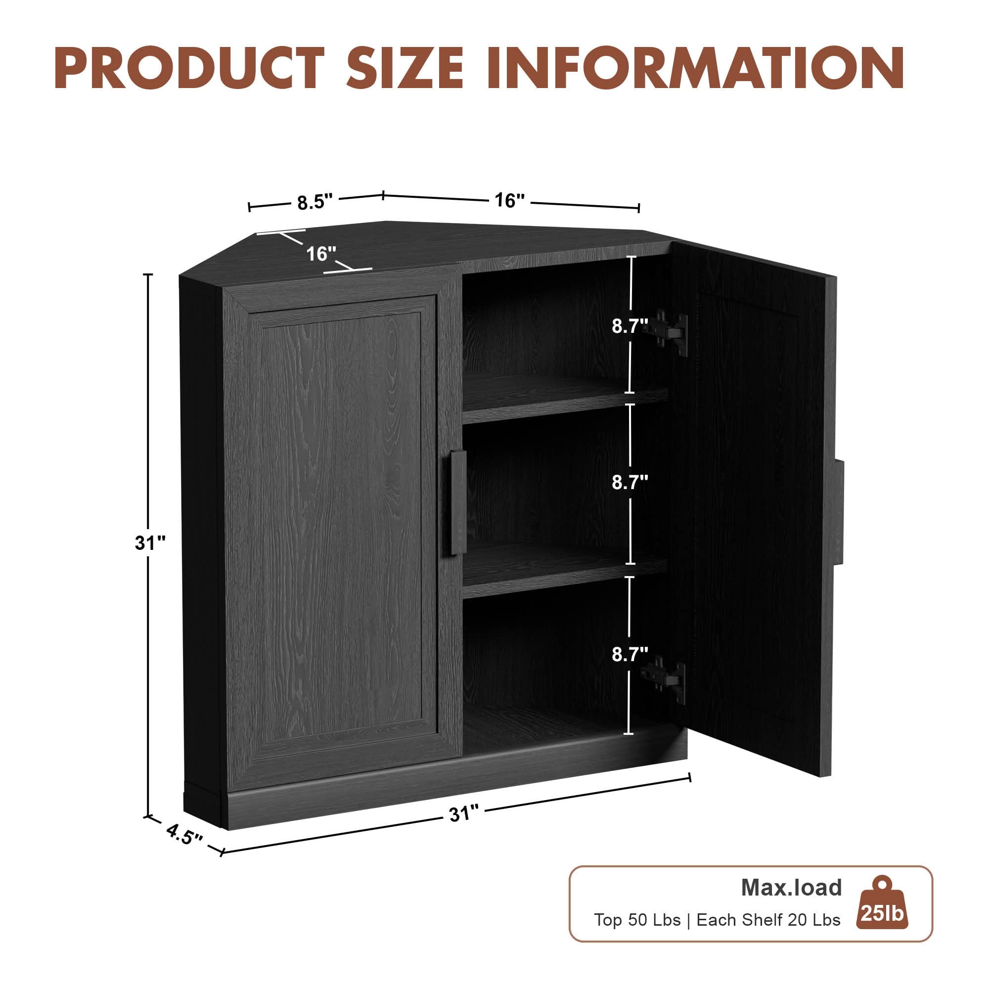 MAYEERTY 31x31x16 Inch Black 2-Door Corner Storage Cabinet with Solid Wood Door