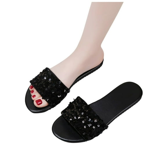 Women's Rhinestone Flat Sandals Glitter Bling Casual Sandal Open Toe Sparkle Slides Comfy Lightweight Beach Vacation Slip on Slippers