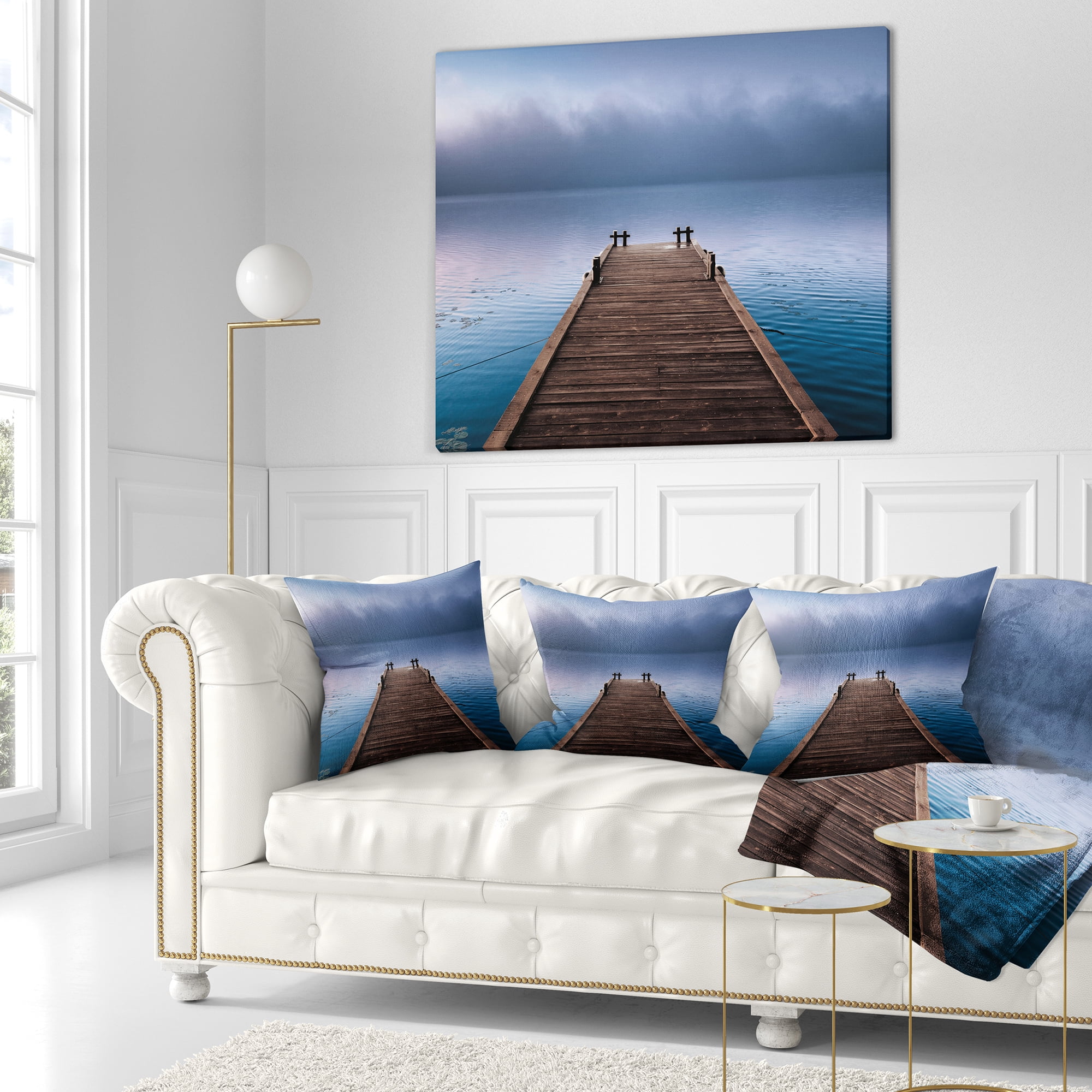 Designart Wooden Pier under Foggy Sky - Seascape Throw Pillow - 18x18