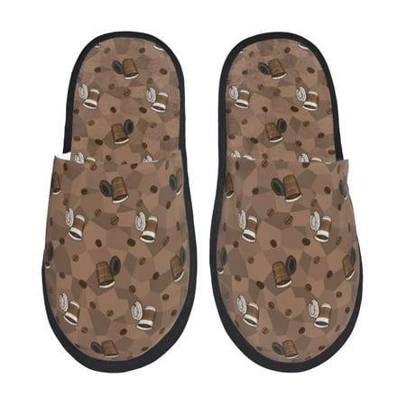 Balery Warm Coffee Pattern Slient Indoor Furry Fleece Comfort House Shoes Soft Non-Slip Home Shoes Cotton slippers House Slippers-- Medium