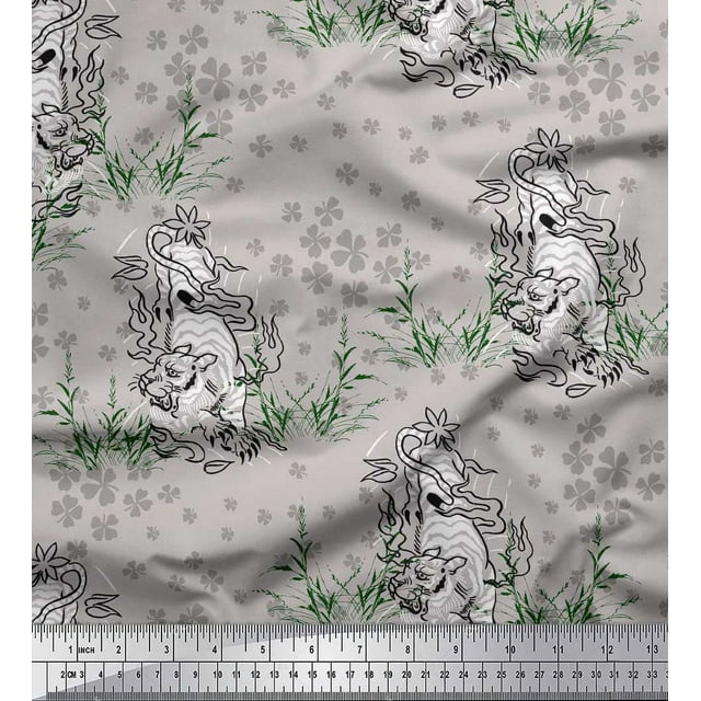 Soimoi Tissu en Soie Imprimé Trèfle Herbe & Lion par Yard 42 Pouces de Large