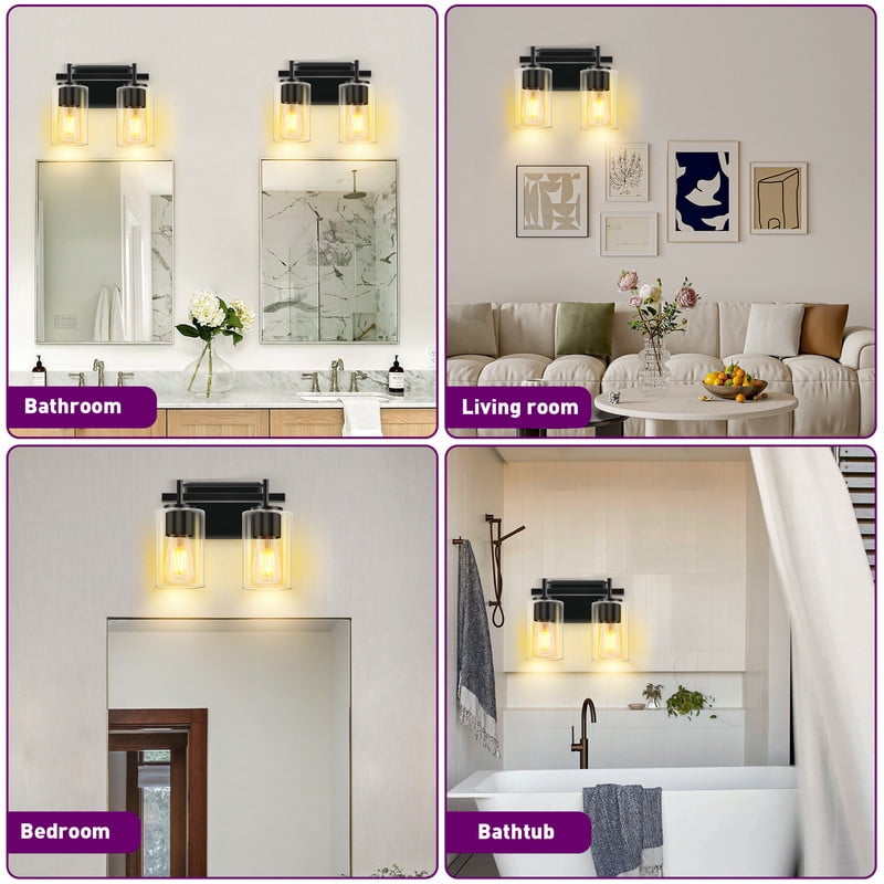 GCGAFUL Bathroom Vanity Light, 10.43 in. 2-Light Matte Black Modern Wall Sconce with Clear Glass Shade