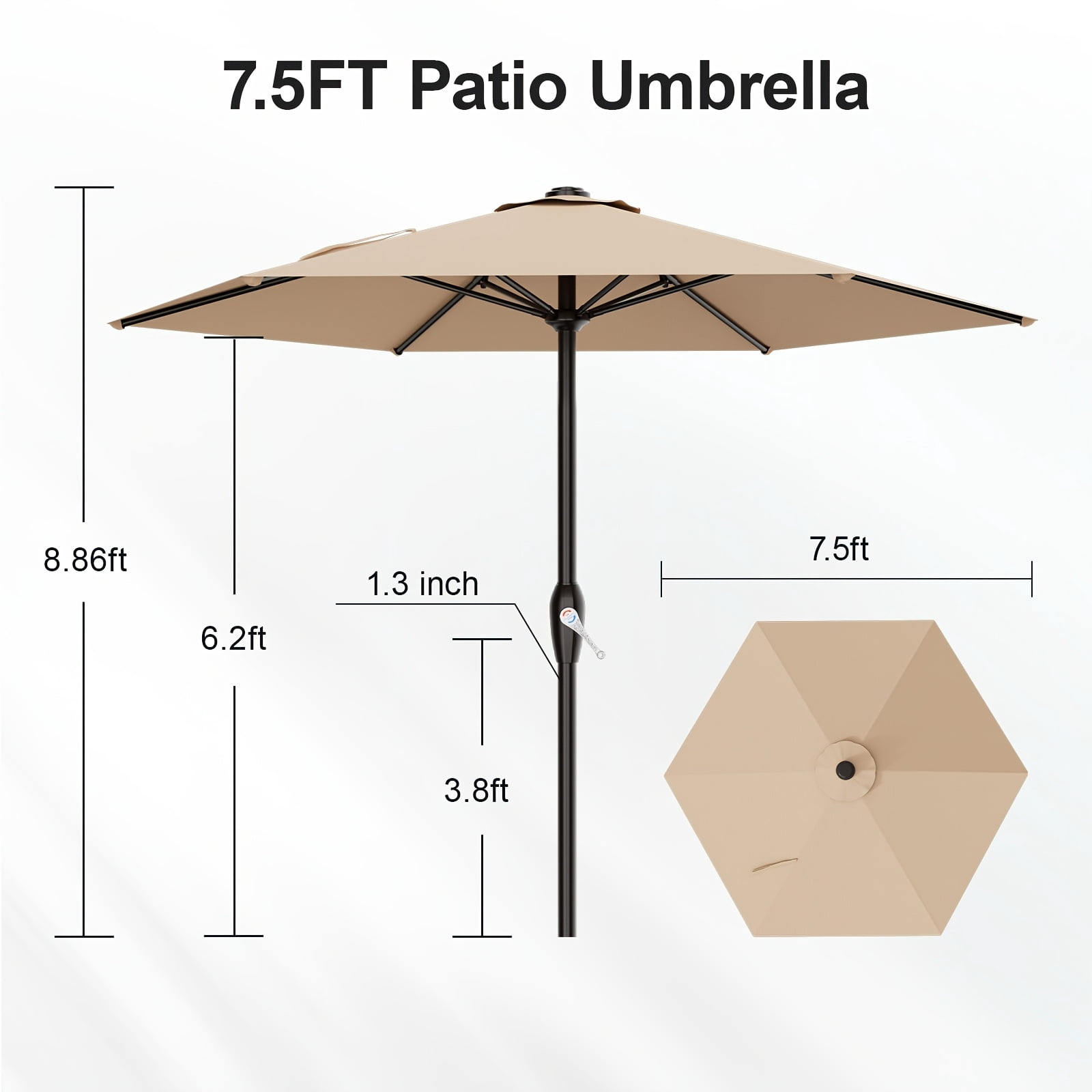 7.5ft Heavy Duty Outdoor Patio Umbrella, Windproof Market Umbrella with 6 Fiberglass Ribs, UV Protection Canopy with Crank Handle for Backyard Beach Pool, Base Sold Separately