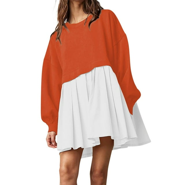 Womens Oversized Sweatshirt Dress Long Flowy Patchwork Pullover Tops Cute Drop Shoulder Sweatshirts Fall Long Sleeve Mini Dress Teen Girls Crewneck Solid Tunic Pleated Loose Clothing Beig
