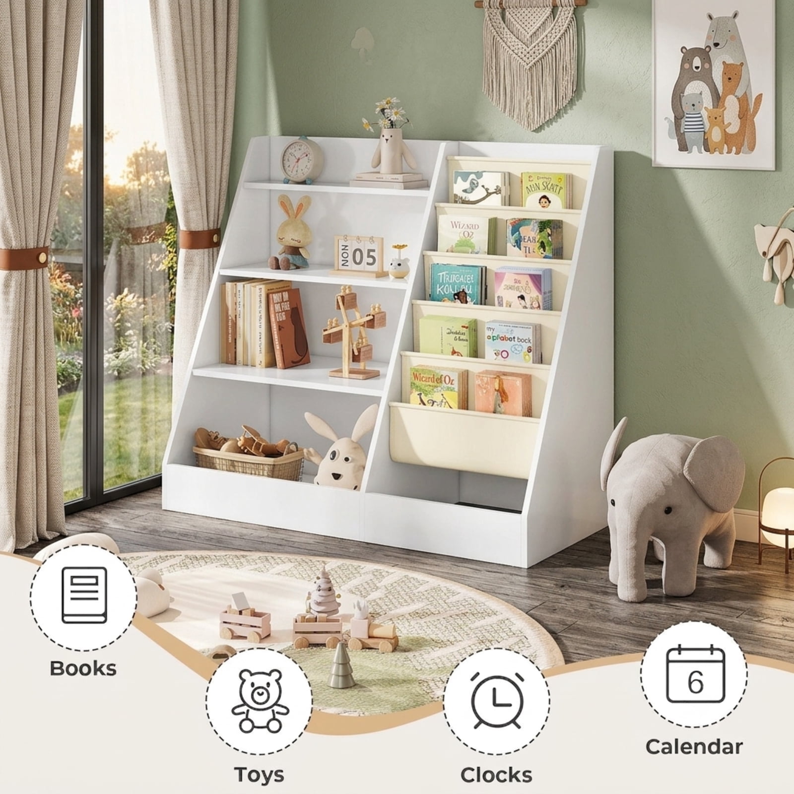 Fenbeli 2-in-1 Kids Bookshelf and Toy Storage, 4-Tier Wooden Organizer with 5 Fabric Sling Pockets and Anti-Tip Strap, White Bookcase for Bedroom Nursery and Playroom