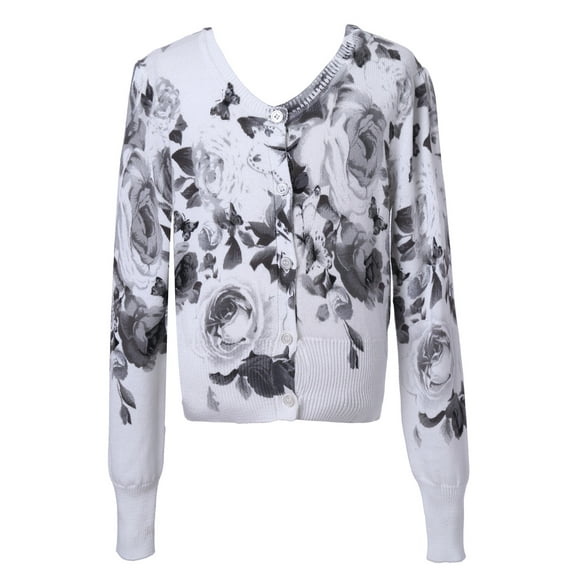 Little Girls White Grey Roses Print Cotton Cardigan Sweater 5/6