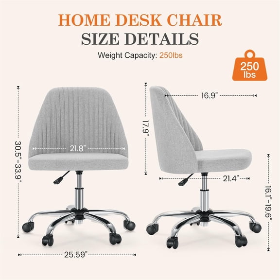 Armless Home Office Chair with Wheels, Adjustable Height 360 Swivel Desk Chair with Comfy Lumbar Support, Modern Fabric Task Chair for Office, Study, Work, Makeup(Grey)