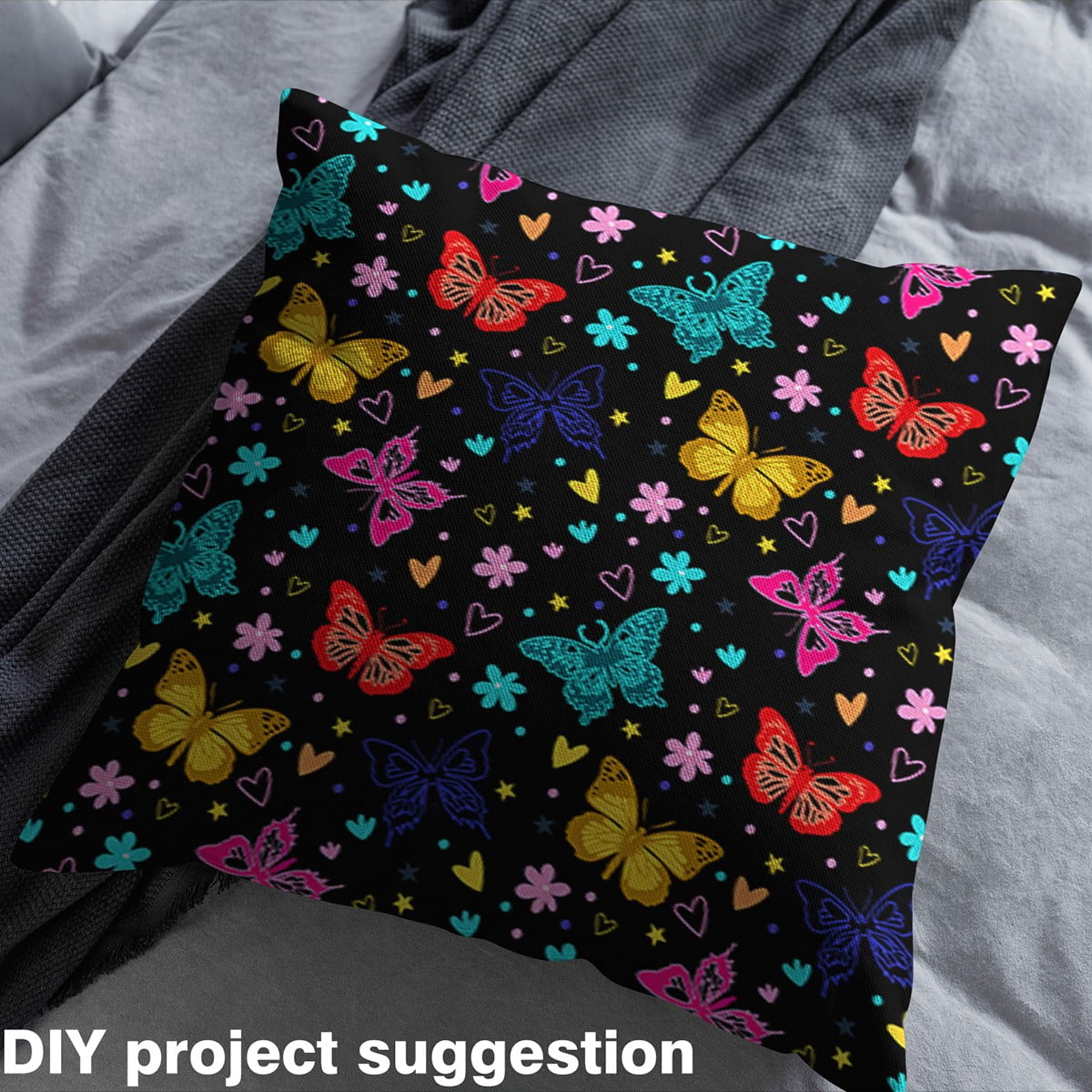 jejeloiu Colorful Butterfly Fabric by the Yard 3 Yards,Rainbow Flower Hearts Sewing Fabric,Red Blue Black Fabric for Sewing For Girl,Luxury Bedroom Decor