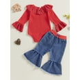 thumbnail image 5 of Miaouyo Infant Baby Girls Fall Outfits 0 3 6 9 12 18 Months Ruffle Long Sleeves Romper and Ripped Denim Flare Pants Clothes Set, 5 of 8