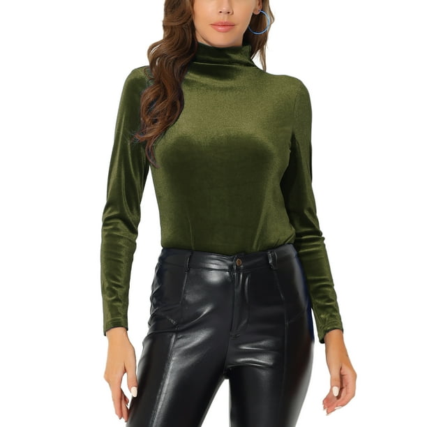 INSPIRAR CHIC Blusa de Mujer de Manga Larga Cuello Alto de Terciopelo Elástico XL Verde Oliva