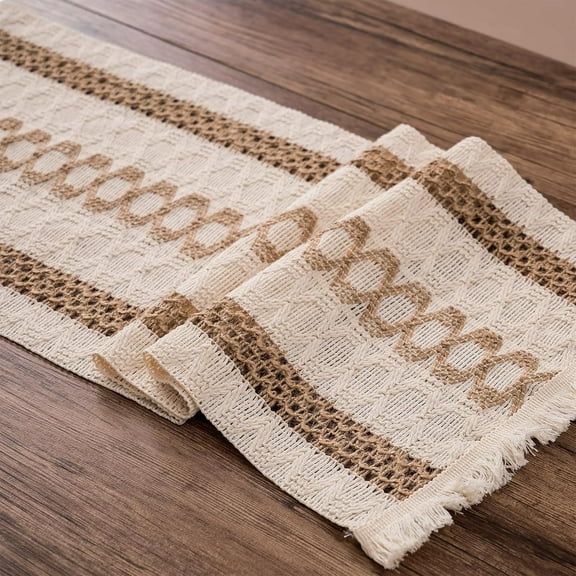 Boho Spring Table Runner with Tassels, Cream & Brown Rustic Farmhouse, 12x72 Inches for Home Kitchen Party Wedding Table Decor