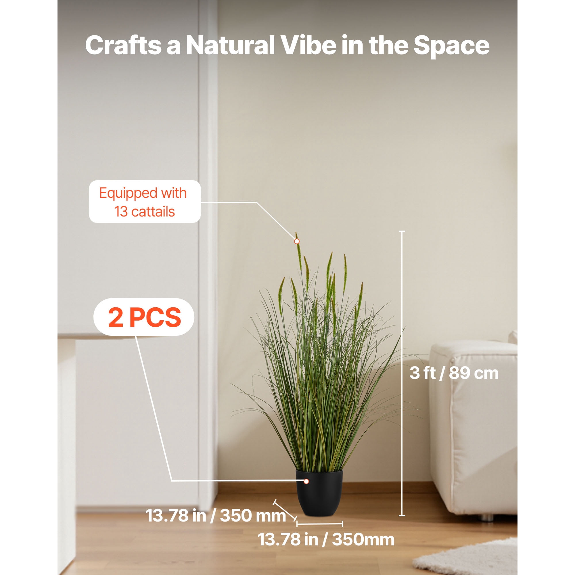 KFFKFF Artificial Grass Plant, 2-Pack 35-Inch Cattail Grass in Pot, Durable PVC Faux Greenery Shrubs for Indoor and Outdoor Decoration – Ideal for Home, Garden, Office, or Housewarming Gifts