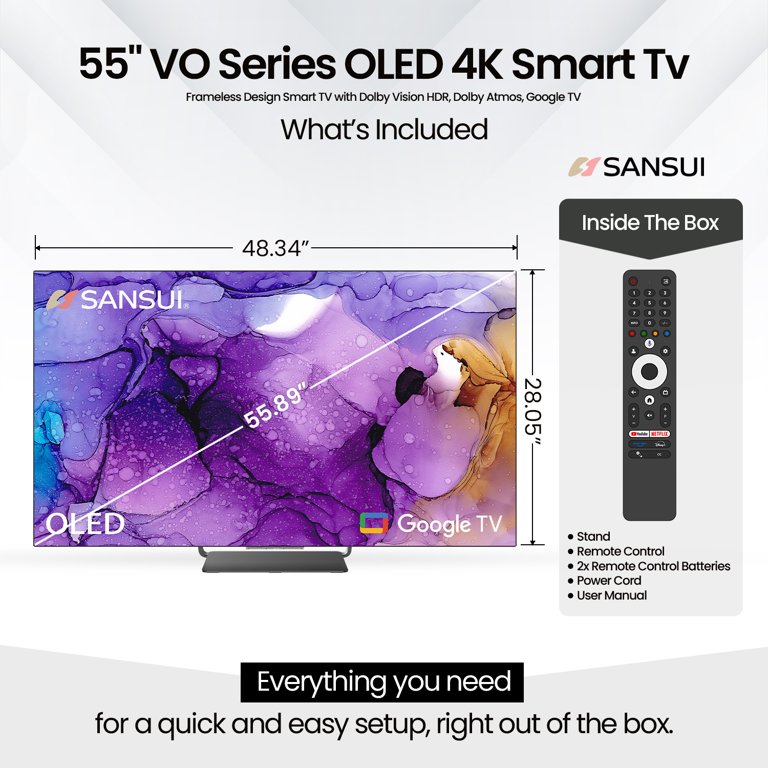 Sansui 55" OLED 4K UHD Frameless Design Smart TV with HDR, Dolby Atmos, 120Hz Refresh Rate, Built-in 2.1 Channel Subwoofer, Google TV