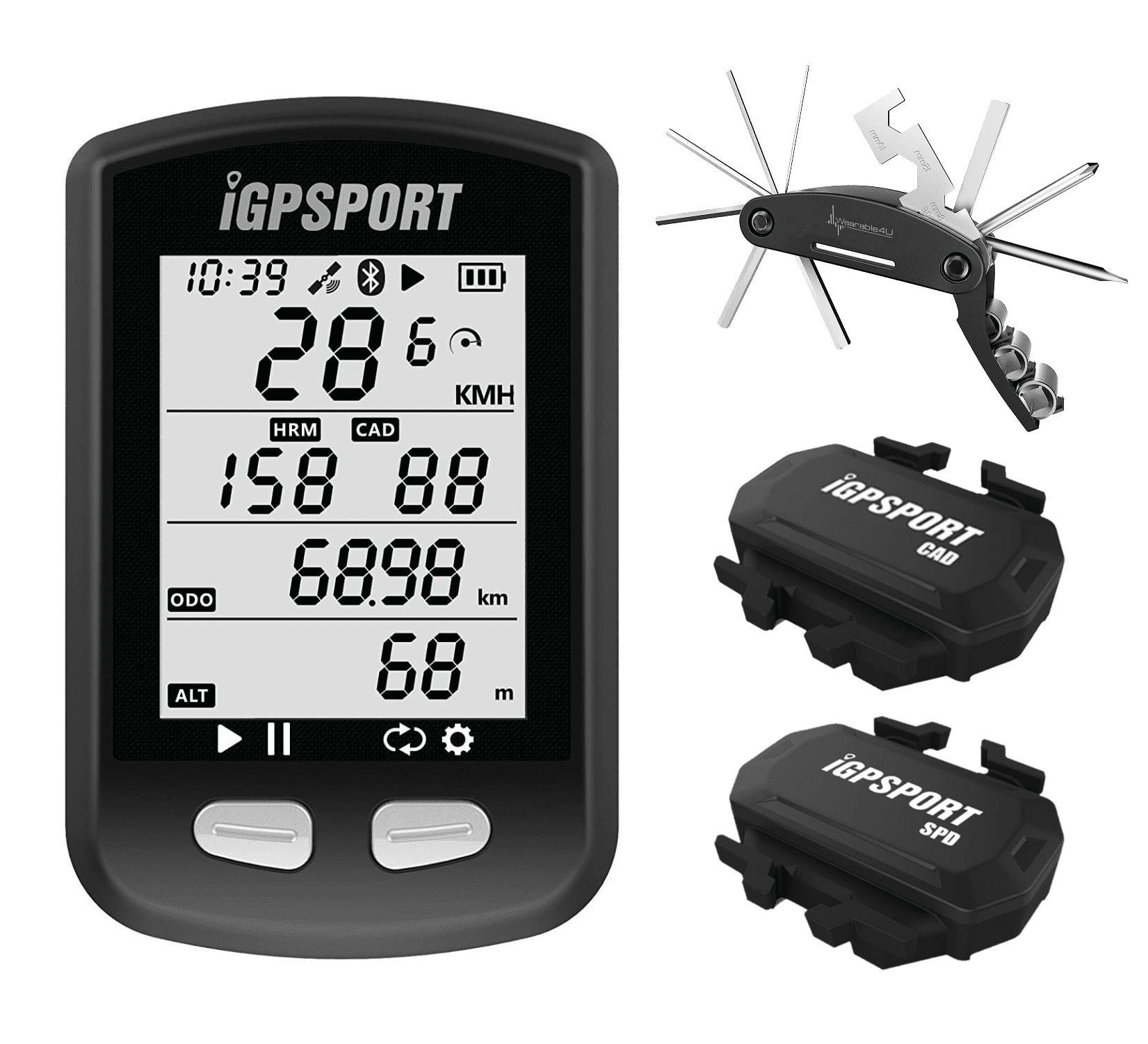Cycling Computer with SPD61 Speed and C61 Cadence Sensors and Wearable4U Bike Multi-Tool Bundle iGPSPORT iGS10S GPS Bluetooth/ANT