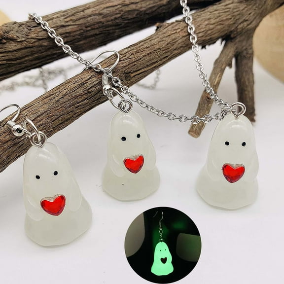 Dserhfy Ghost Jewelry Glow-In-The-Dark Ghost Necklace Earring Accessory Cute Resin Luminous Ghost Charm for Halloween