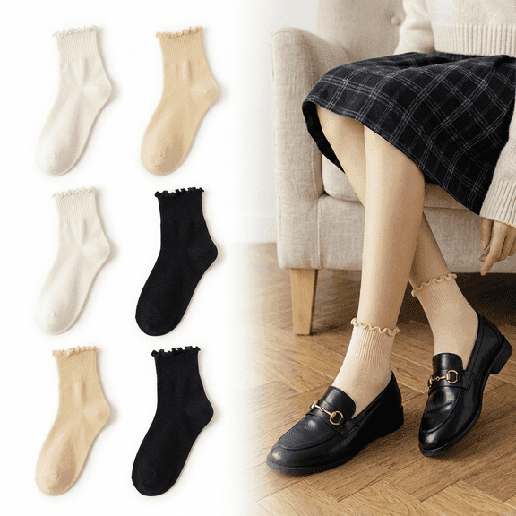 ROSEXIXI 6-Pack Ruffle Edge Frill Socks, Cream and Black Color Casual Cotton Ankle Socks, Soft Breathable Low Cut Socks for Women Daily Wear