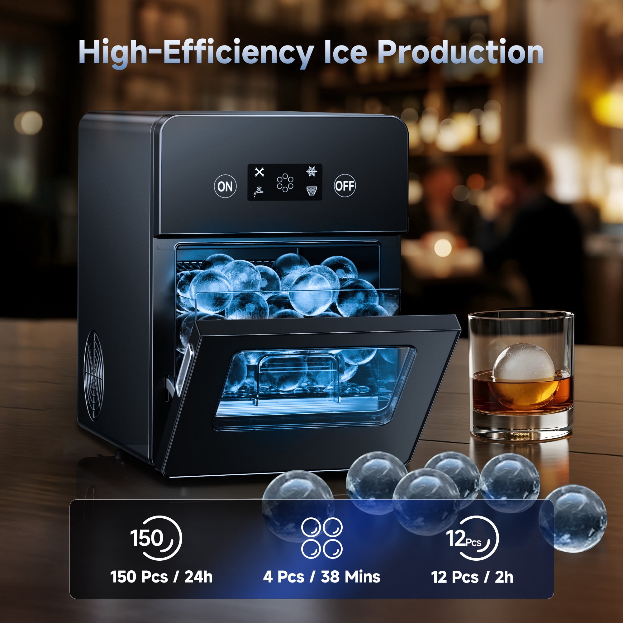 Simzlife Sphere Ice Maker,10 pcs/Hour, 150 pcs/Day,Clear Ice Ball Maker with Enhanced Insulation, with LCD Touch Screen, Self-Cleaning, Quiet Home and Bar Ice for Whiskey Bourbon Parties