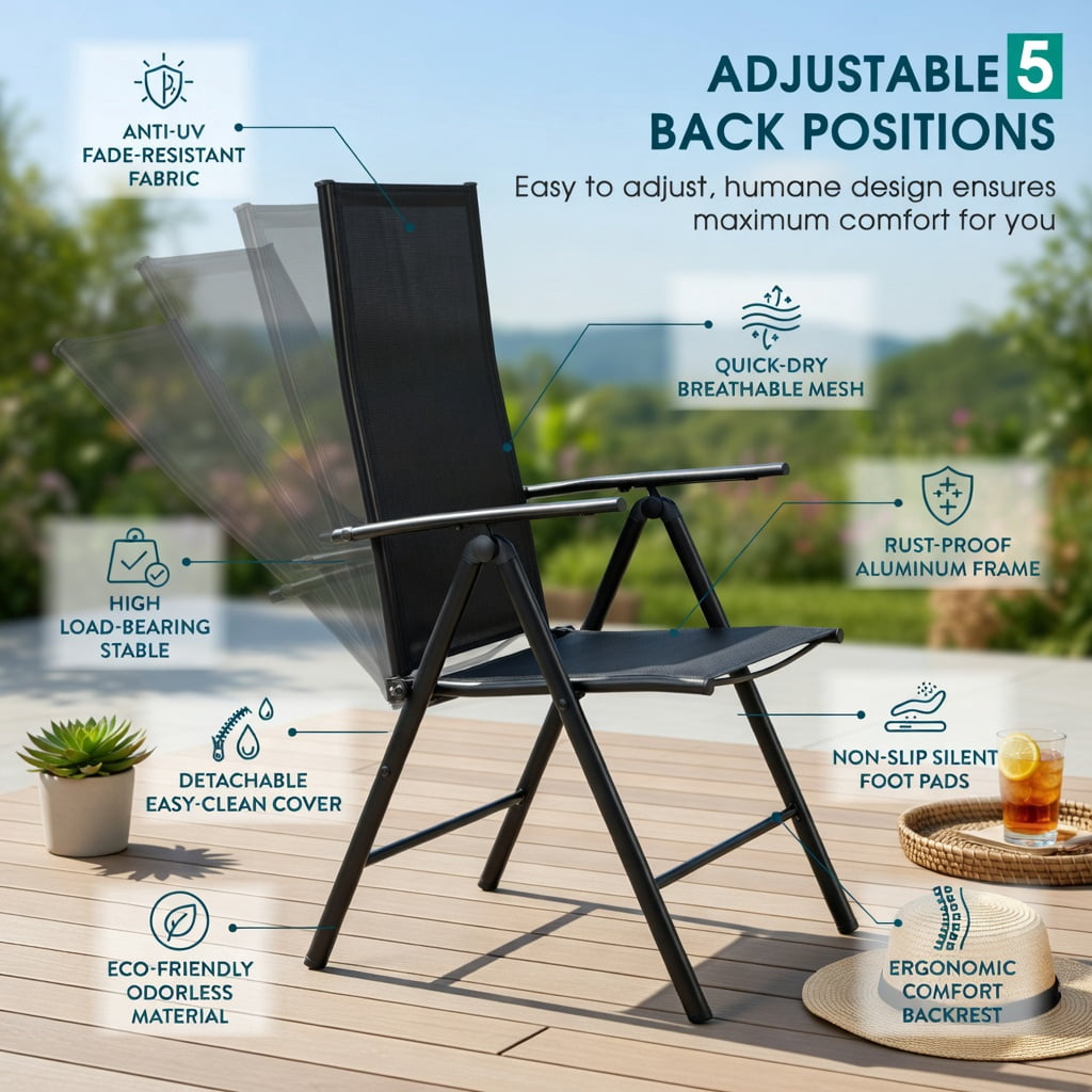 Hommoo 2-Pack Adjustable Outdoor Folding Dining Chairs, Heavy-Duty Steel Frame, Breathable Fabric, Portable Patio Recliners for Deck, Poolside & Garden, Black