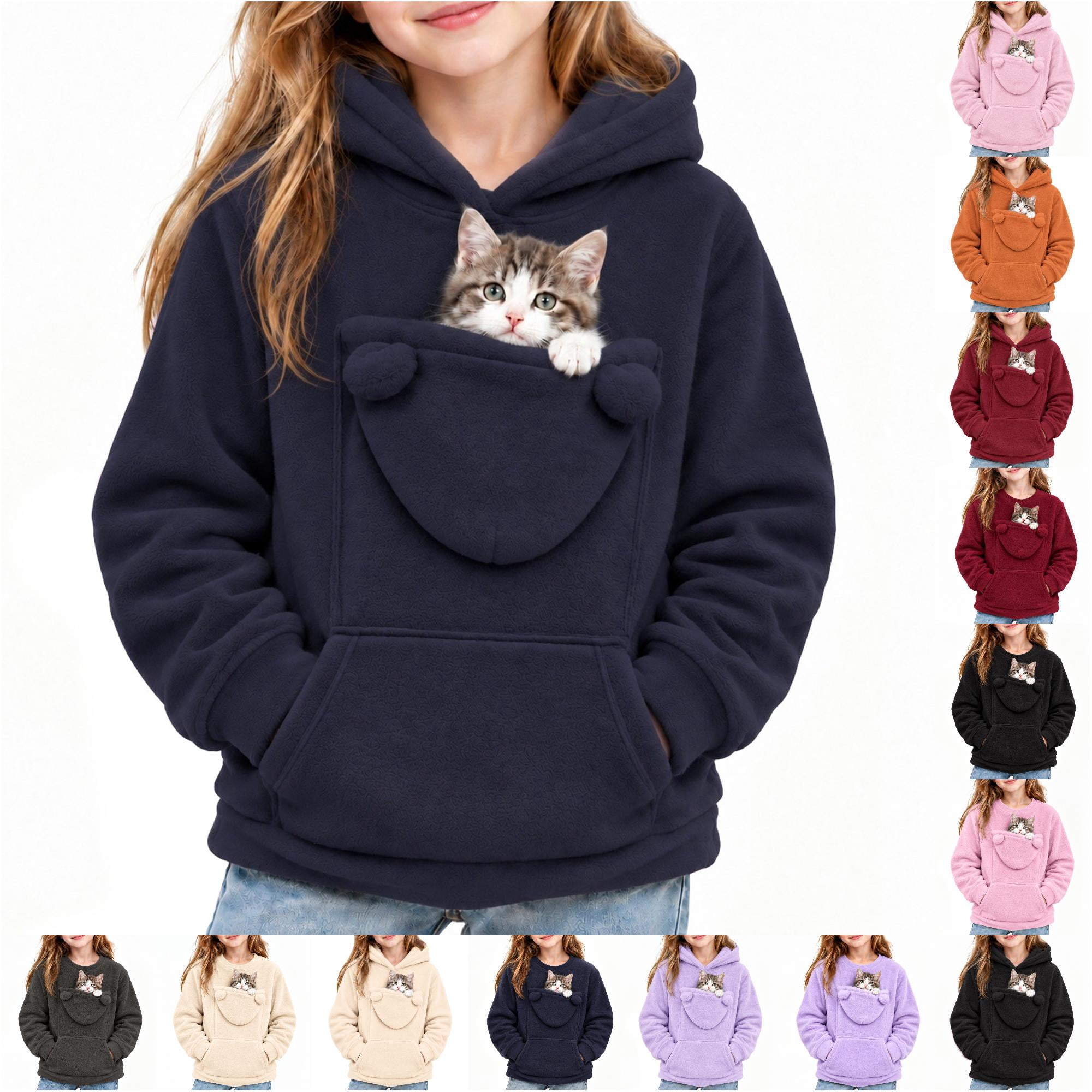 VBEWZET Pet Pocket Hoodie Kids Fleece Hoodie with Pouch Pocket Girls Long Sleeve Pullover Sweatshirt Casual Cozy Top A-Navy 15-16 Years