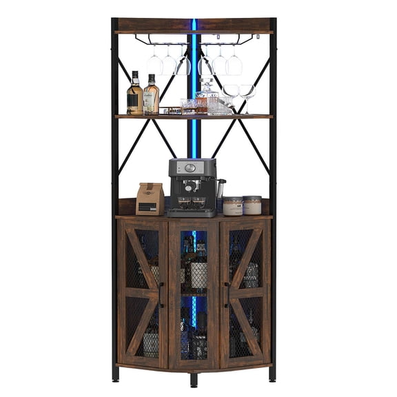 Soonbuy 5-Tier Corner Wine Bar Cabinet with LED Lights, Power Outlet, Glass Holder, Mesh Door,Freestanding Industrial MDF & Metal Liquor Storage for Kitchen, Dining Room, or Living Room