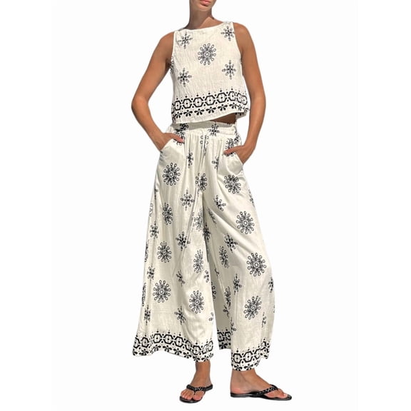 Womens Boho Floral Y2k Summer 2 Piece Outfits Tank Tops and Wide Leg Pants Set White XL