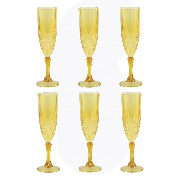 Fun Express 9" 8 oz. Bulk 48 Ct. Gold Patterned Reusable Plastic Champagne Flutes