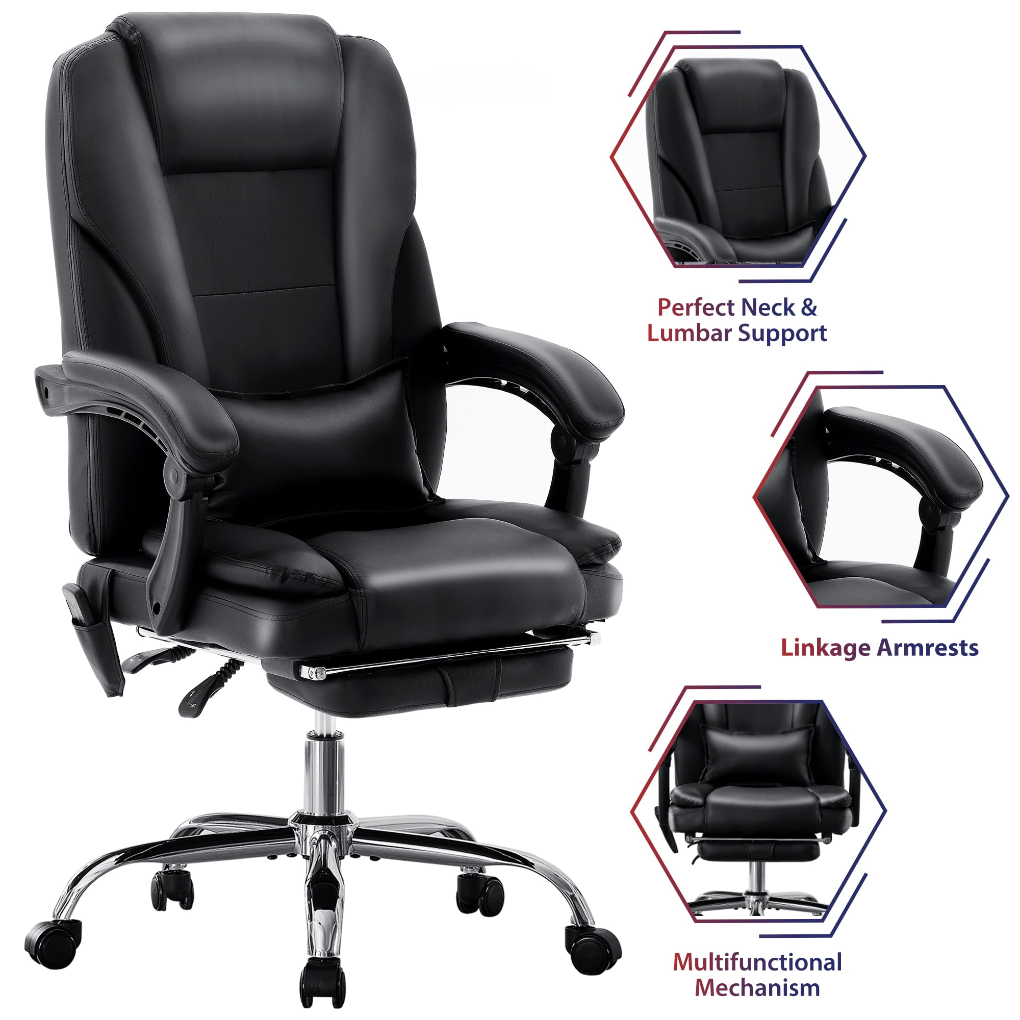 JONPONY Big and Tall Office Chair 500LBS Executive Office Chair Massage and Footrest Ergonomic Computer Desk Chair Reclining High Back Leather Office Chair Lumbar Back Support Swivel Rolling,Black