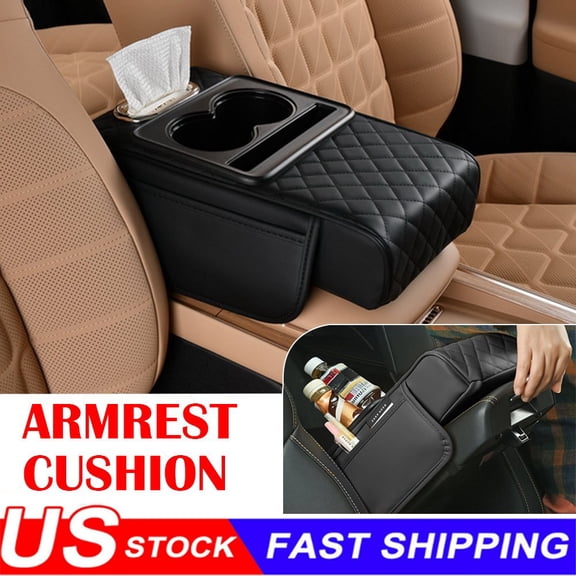 Ryhampaper Car Armrest Cushion Center Console Cover with Cup Holder, Tissue Box and Phone Holder Black