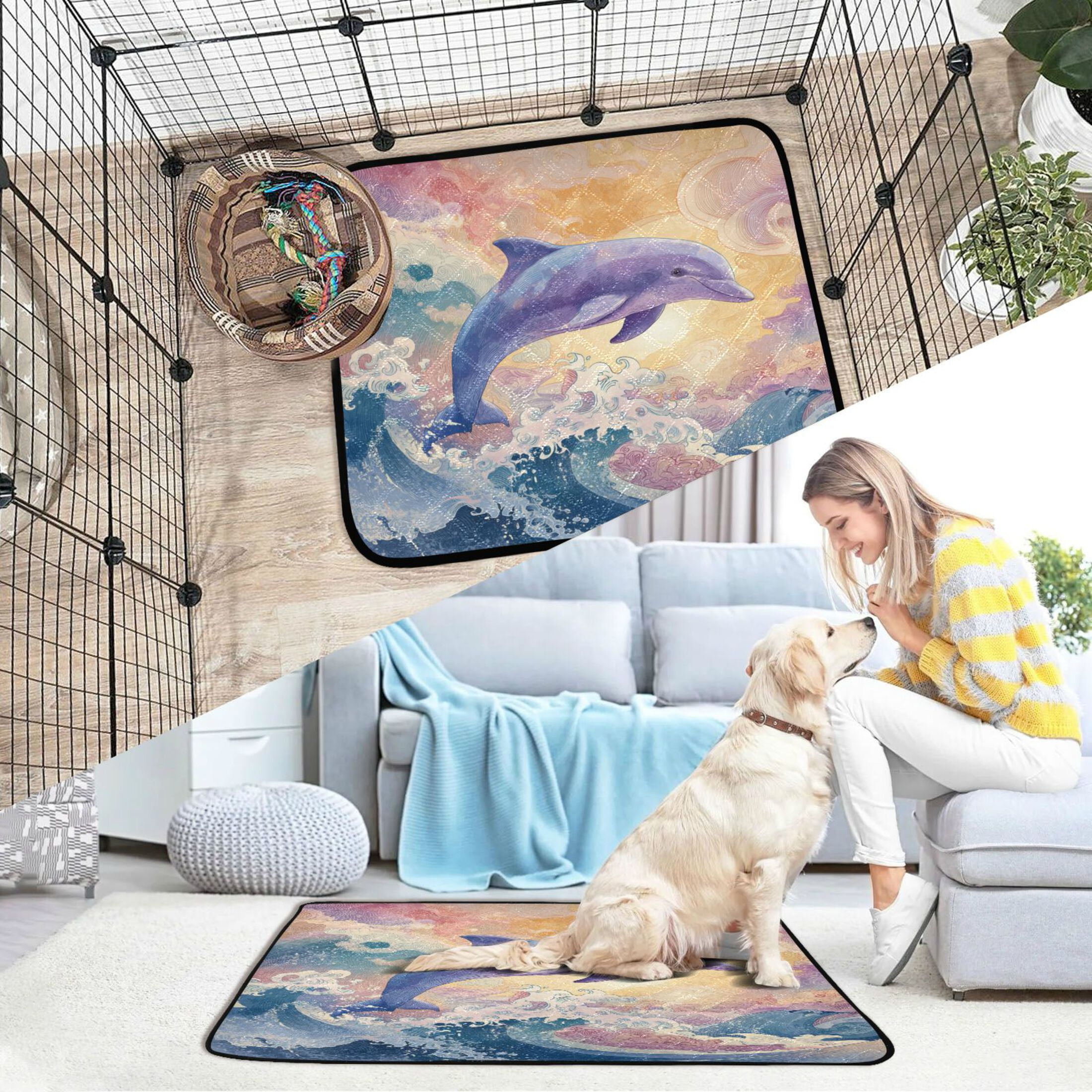 Qxltty Dolphin Cat litter Pads Pet Set of 2 Diaper Mats Center Anti-leakage Layer Absorbent Soft and Comfortable