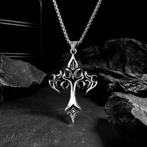Men's Fashion Punk Flame Cross Pendant Chain Necklace for Women Male Long Chain 14K White Gold Hip Hop Rock Gothic Jewelry Gift