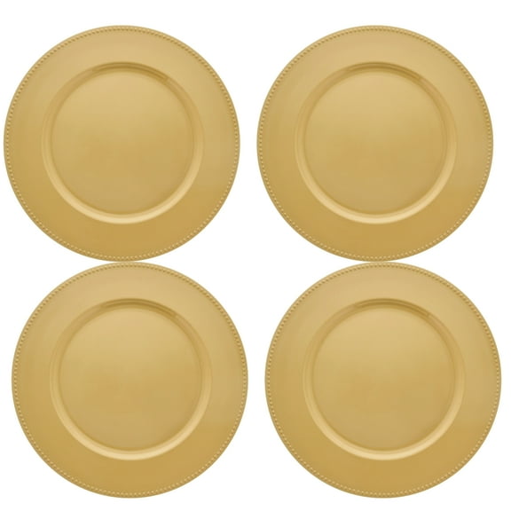 Gold Plastic Charger Plates with Beaded Rims,13in Decorative Round Plastic Service Plate for Home Dinner Parties Weddings Christmas New year Holiday Party Table Decor Set of 4 & CUSTOM Storage Carrier
