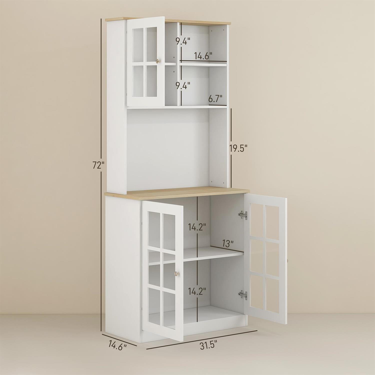 Demi Bonn 72" Kitchen Pantry Cabinet, Freestanding Storage Cabinet with Hutch, Large Countertop, Glass Doors and Adjustable Shelves for Dining Room, White