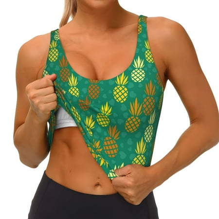 Qokaie Pineapples1 Pattern Womens Scoop Neck Sports Bra Breathable Workout Vest Padded U Back Medium Impact Fitness Gym Yoga Bra Workout Crop Top