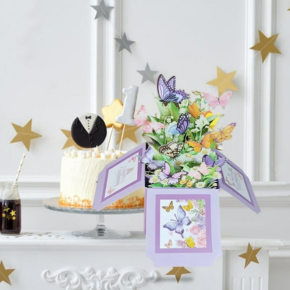 Huepoe 3D Pop-Up Butterfly Bouquet Greeting Card, Birthday Card with Envelope, Purple Butterfly Gift for Family Friends, 6.22"