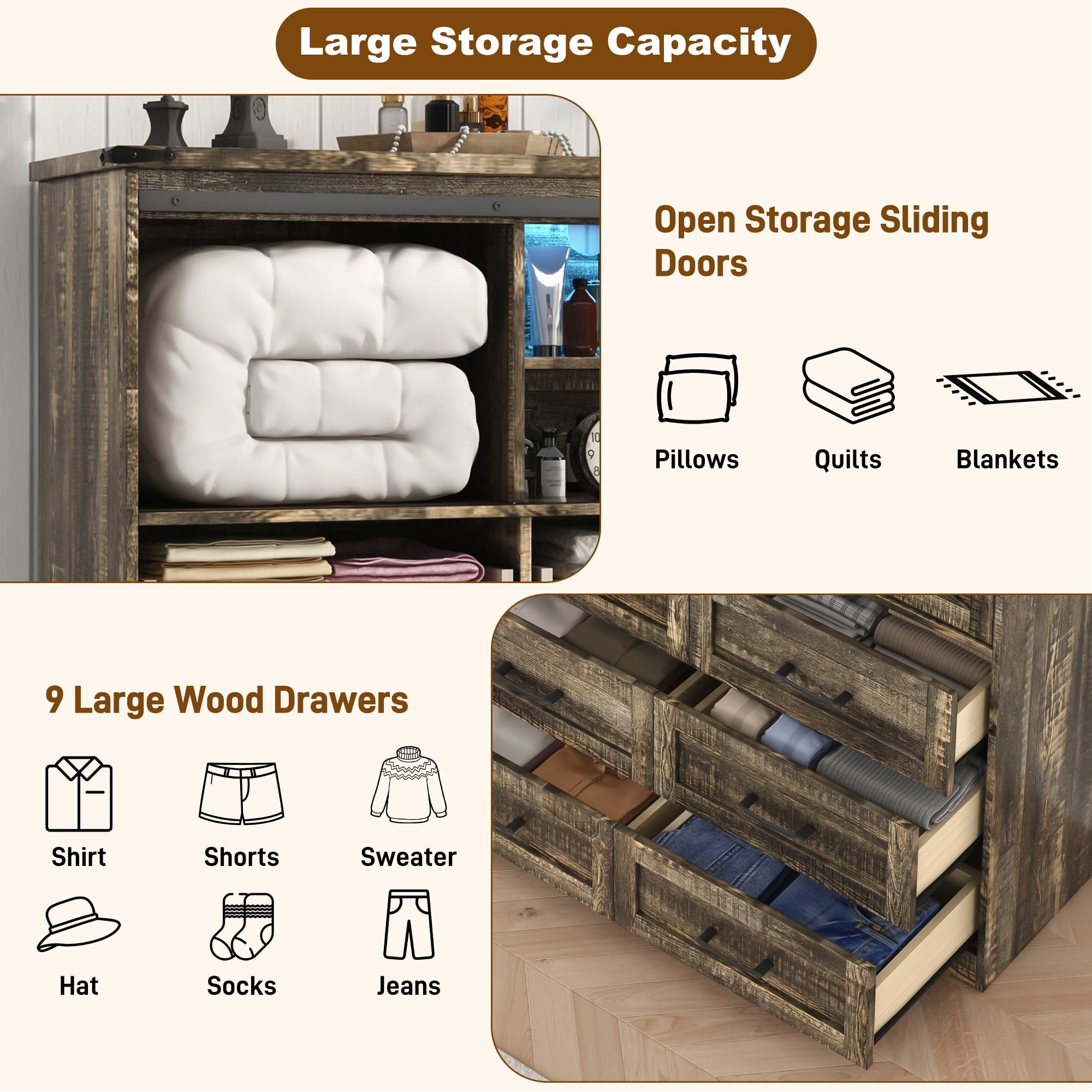 ChVans 63'' Farmhouse Dresser with LED Light & Power Outlet, 9 Drawers, 2 Sliding Doors, 2 Storage layers, Rustic Dresser TV Stand for 70in TV, Wood Storage Cabinet for Bedroom, Living Room, Hallway