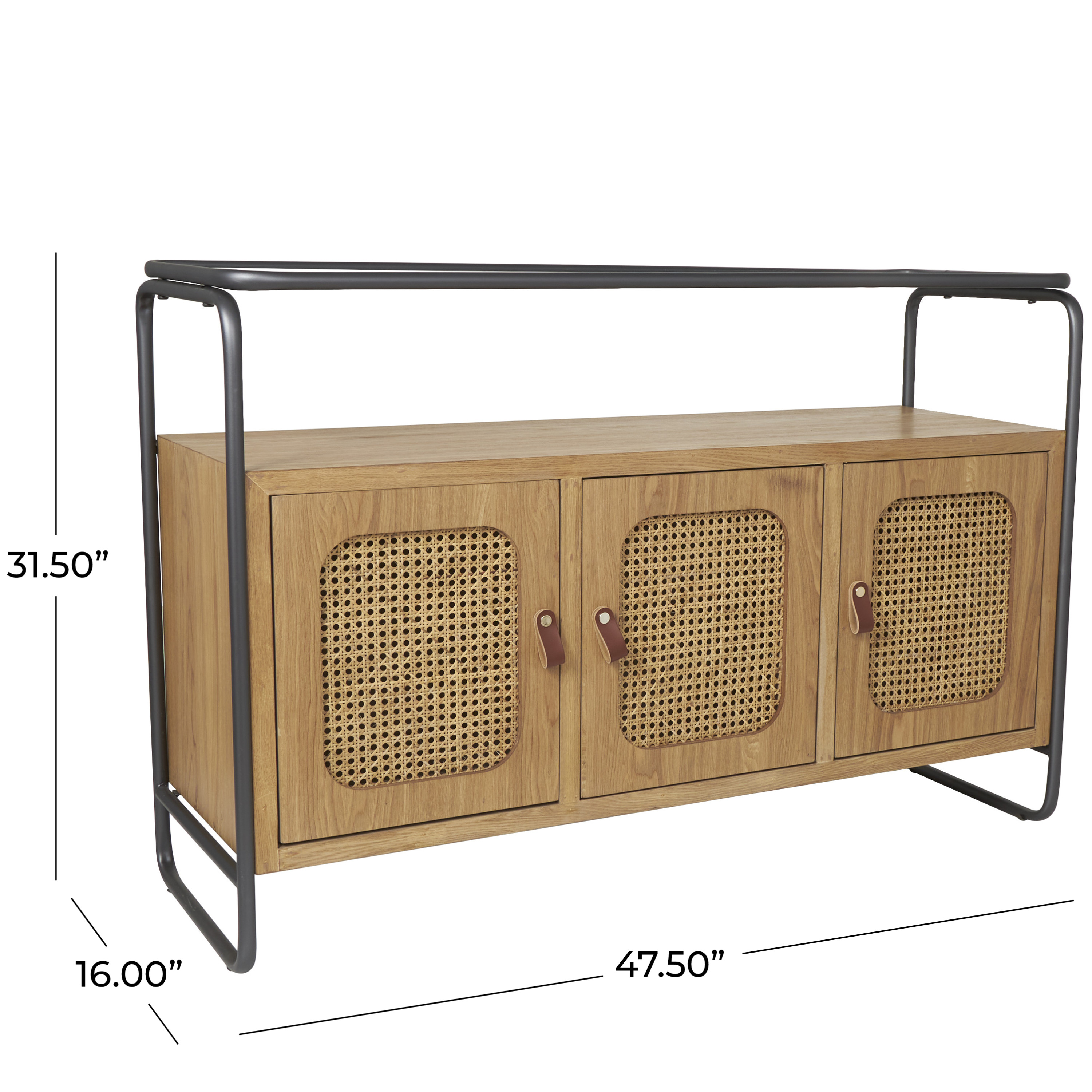 DecMode 48" x 32" Brown Wooden 3 Door Console Table with Cane Front Doors and Gray Metal Frame, 1-Piece