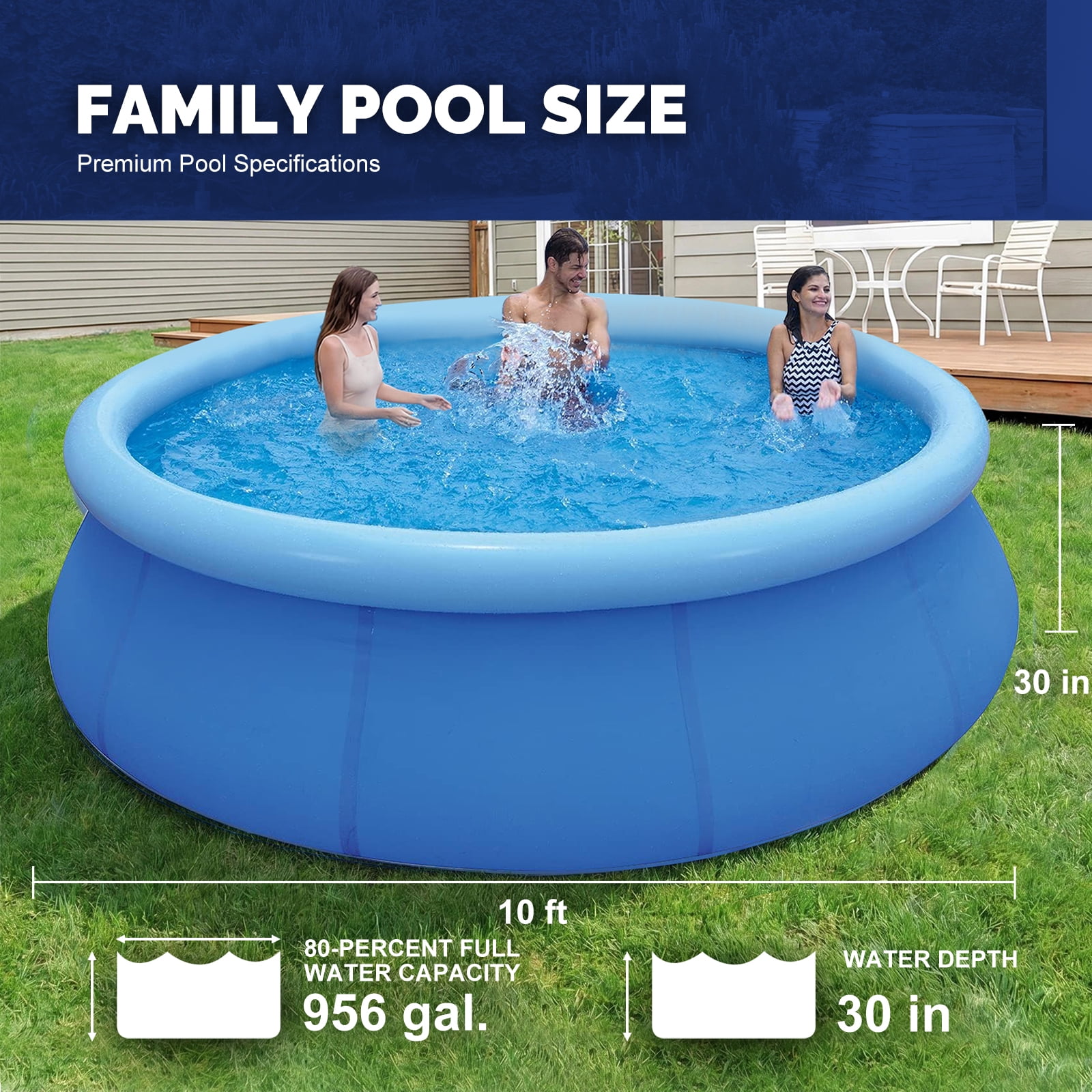 Honeydrill 10 ft x 30 in Above Ground Pools, Inflatable Top Ring Round Pool, Blue