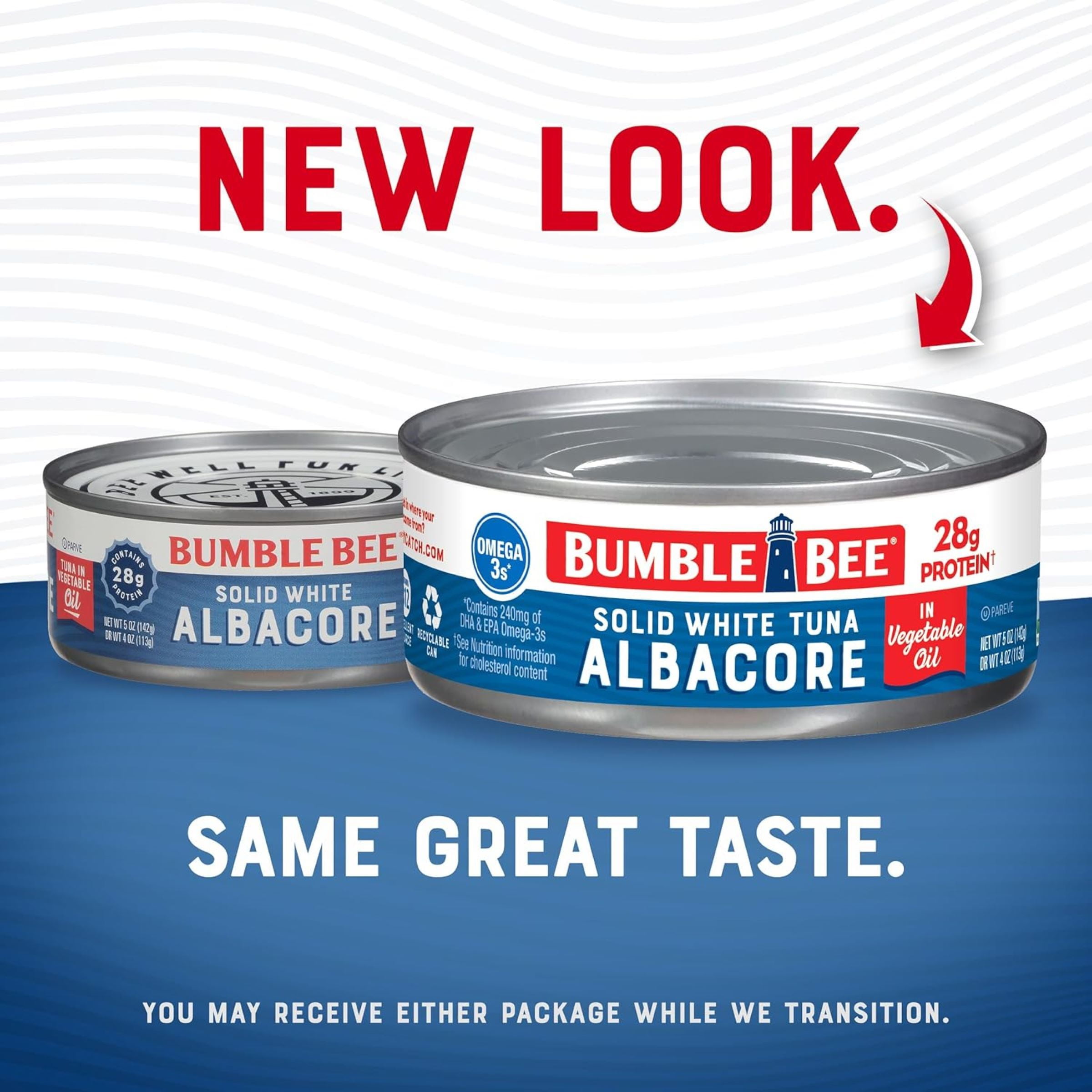 (24 pack) Bumble Bee Solid White Albacore Tuna in Oil, Wild Caught, Gluten Free, 28g Protein per Serving, Ready to Eat, Shelf Stable Can, 5 oz