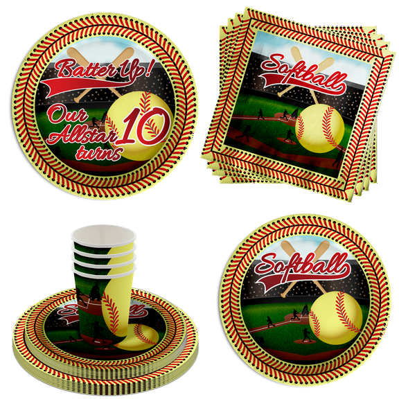Softball 10th Birthday Party Supplies 64 Piece Tableware Set Includes Large 9" Paper Plates Dessert Plates, Cups and Napkins Kit for 16