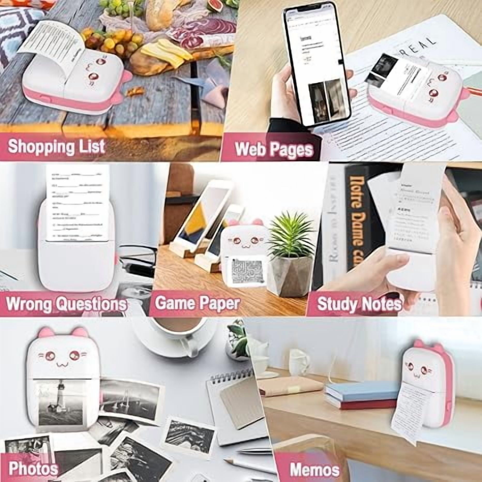 Mini Photo Pocket Printer Portable Ink-Free Thermal 57mm Sticker Trans Paper Wireless BT 200dpi Android IOS Printing Machine Back To School（Color Pink Printer With 5Rolls White Sticker）
