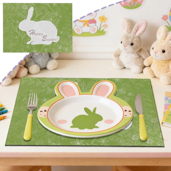 Hometravel Bunny Print Easter Placemat 30x45cm, Linen Look Insulating Table Mat, Western Style Dining Decor, Holiday Themed Party Supply