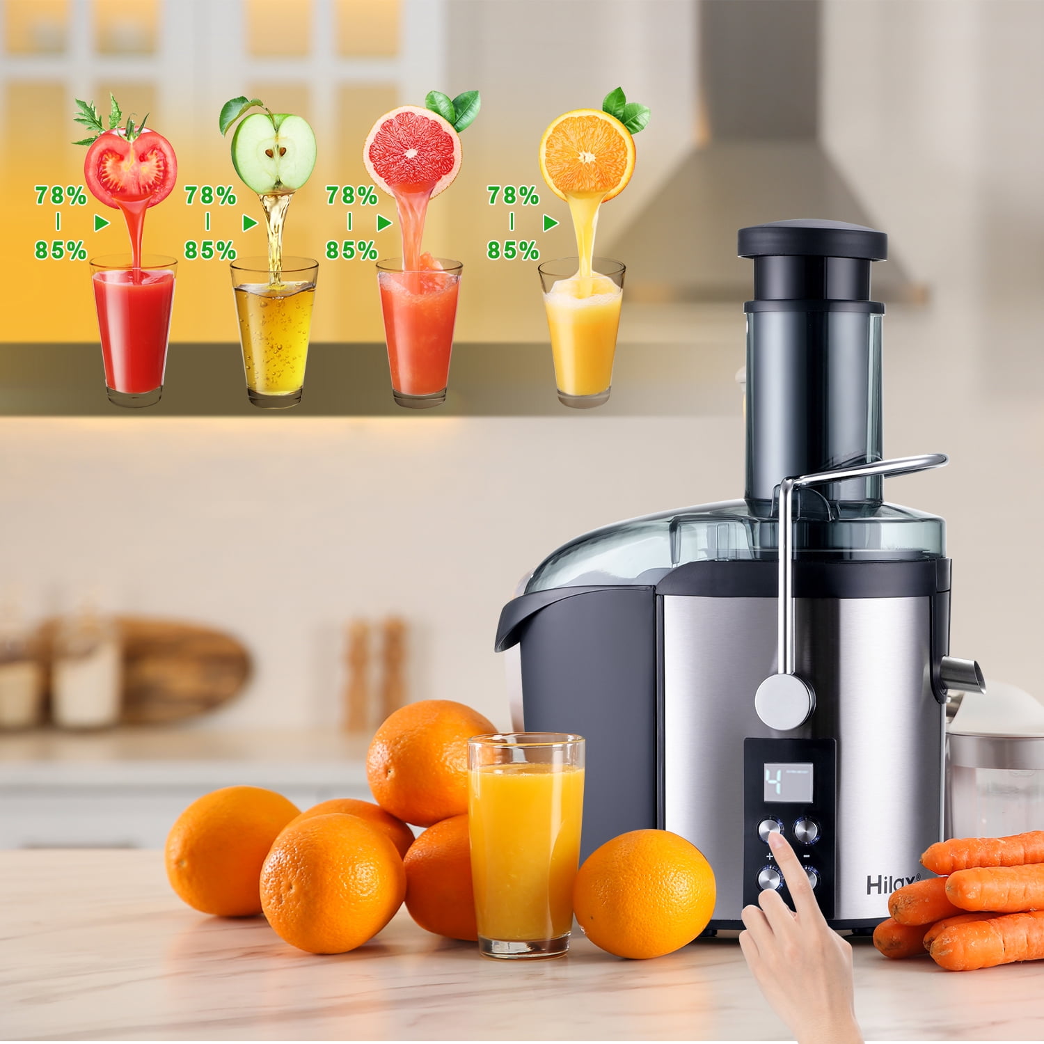 Hilax Centrifugal Juicer Machine,1100W Juicer Maker with Wide Mouth 3” Feed Chute and LCD Monitor ,5-Speed Juice Processor for Fruit and Vegetable,Easy to Clean with Brush,BPA-Free,Black