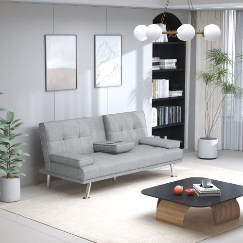 Modern Futon Sofa Bed Comfort Futon Sofa Couch with Cupholder and Pillows