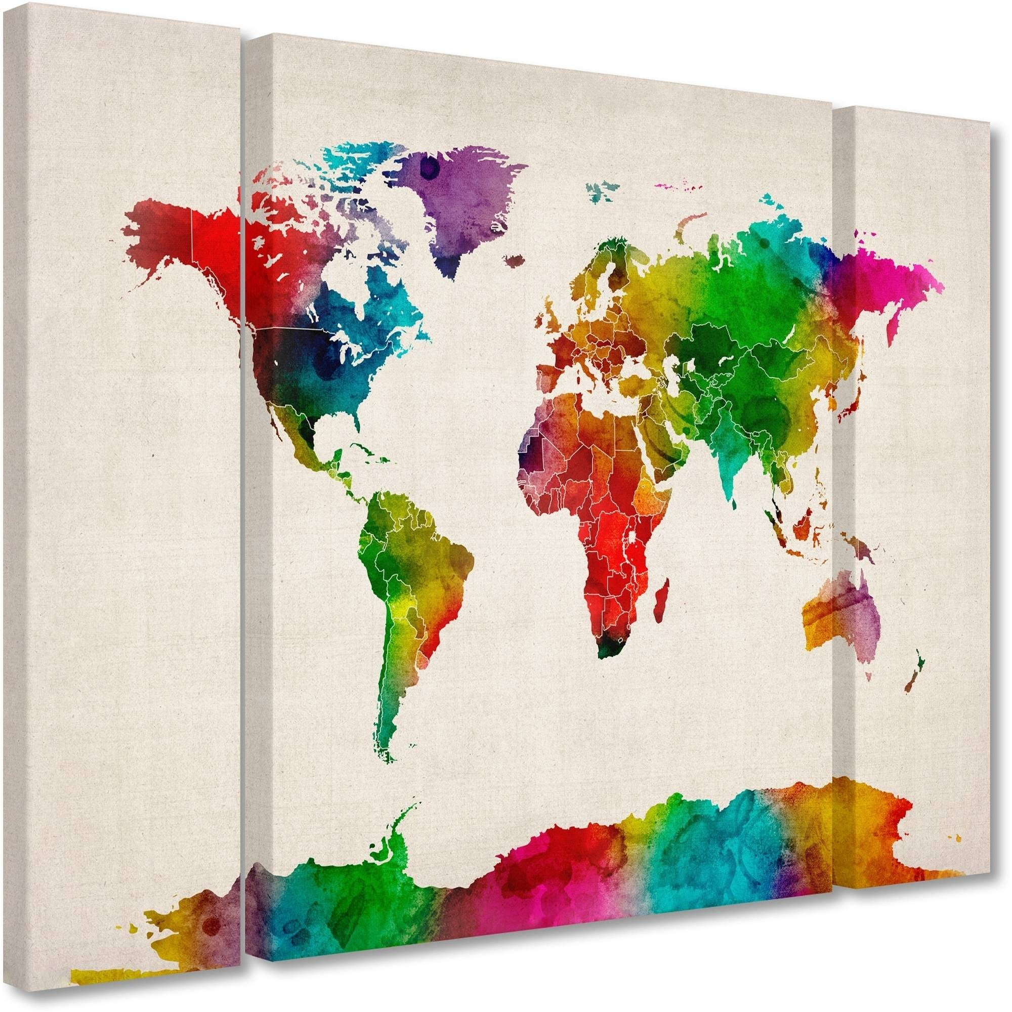 Trademark Fine Art "Watercolor World Map II" Canvas Art by Michael Tompsett Three Panel Set