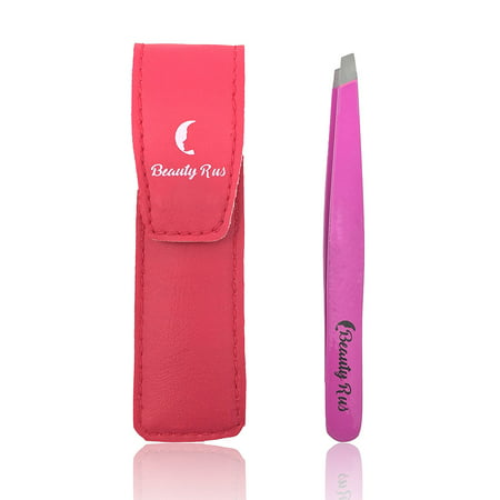 Professional Slanted Tweezers - Precision Pink Slant Stainless Steel Tweezers, Sharp Point Aligned Best Tweezer for Eyebrow Shaping Hair - Includes Perfect Matching Carrying