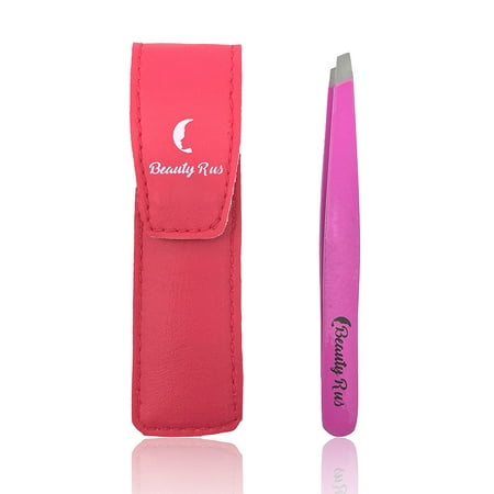 Best Tweezers - Professional Slanted Tweezers - Precision Pink Slant Stainless Steel Tweezers, Sharp Point Aligned Best Tweezer for Eyebrow Shaping Hair - Includes Perfect Matching Carrying Case